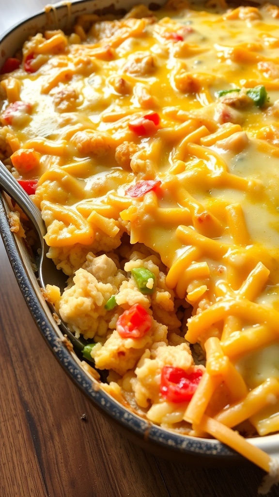 Cheesy Chicken and Rice Casserole Cheesy chicken and rice casserole in a baking dish, topped with melted cheese and mixed vegetables.